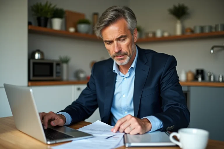 Homme d'âge moyen en costume bleu examine documents financiers