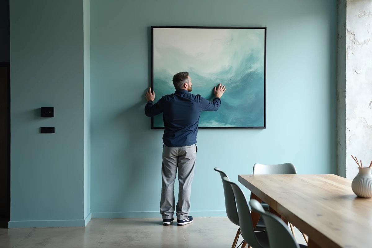 Homme accrochant une peinture abstraite dans une salle à manger moderne