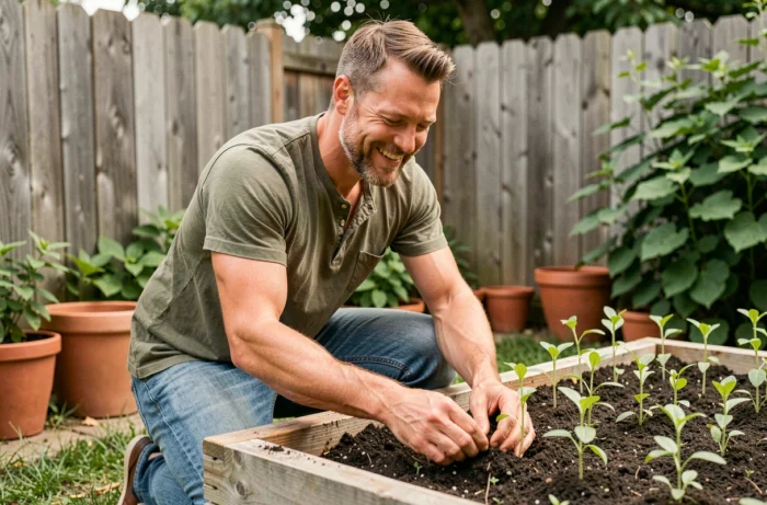 Homme jardinent dans son potager en train de planter des herbes aromatiques dans un carré de jardin en bois