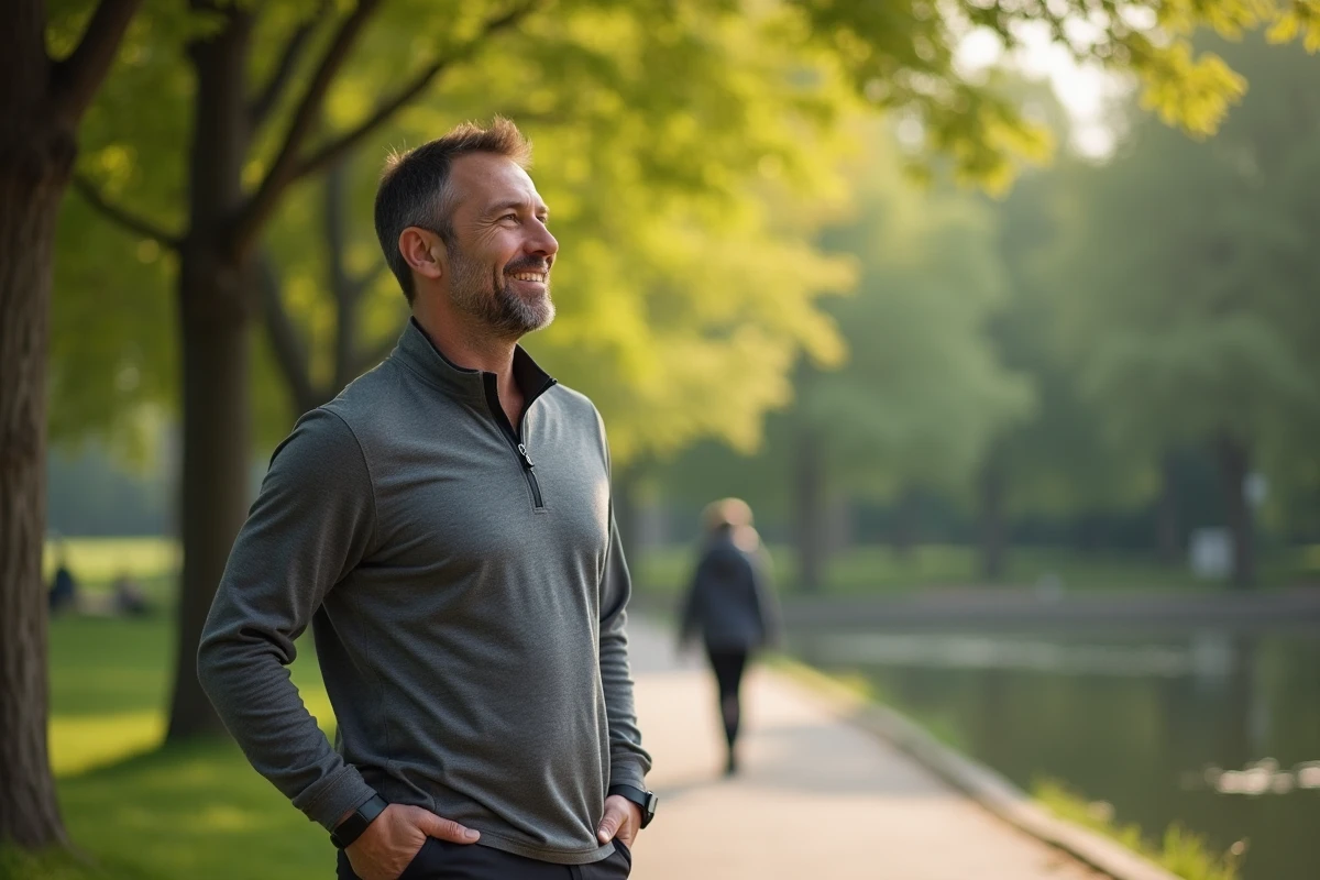Homme en marche dans un parc urbain au matin