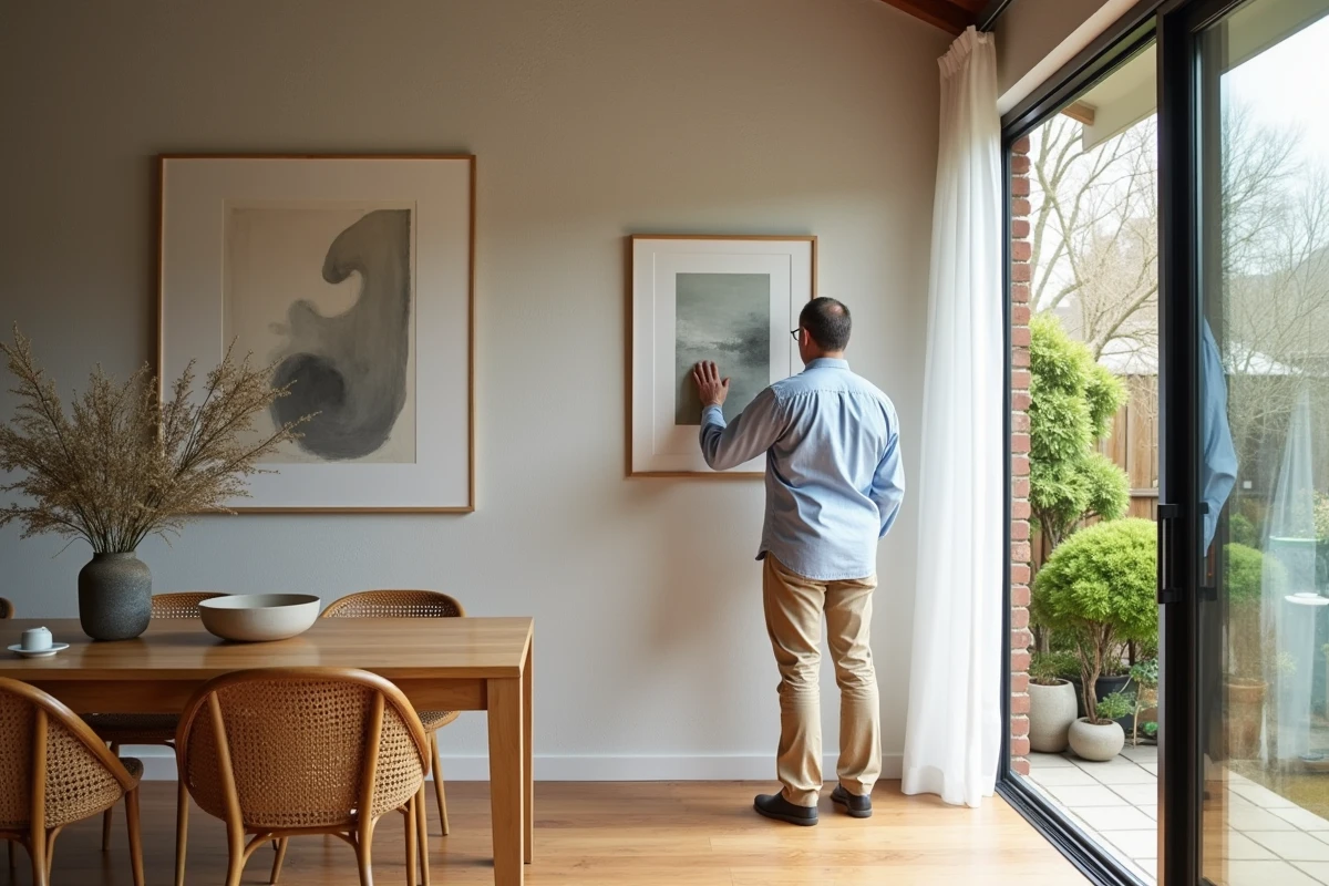 Homme arrangeant des œuvres d