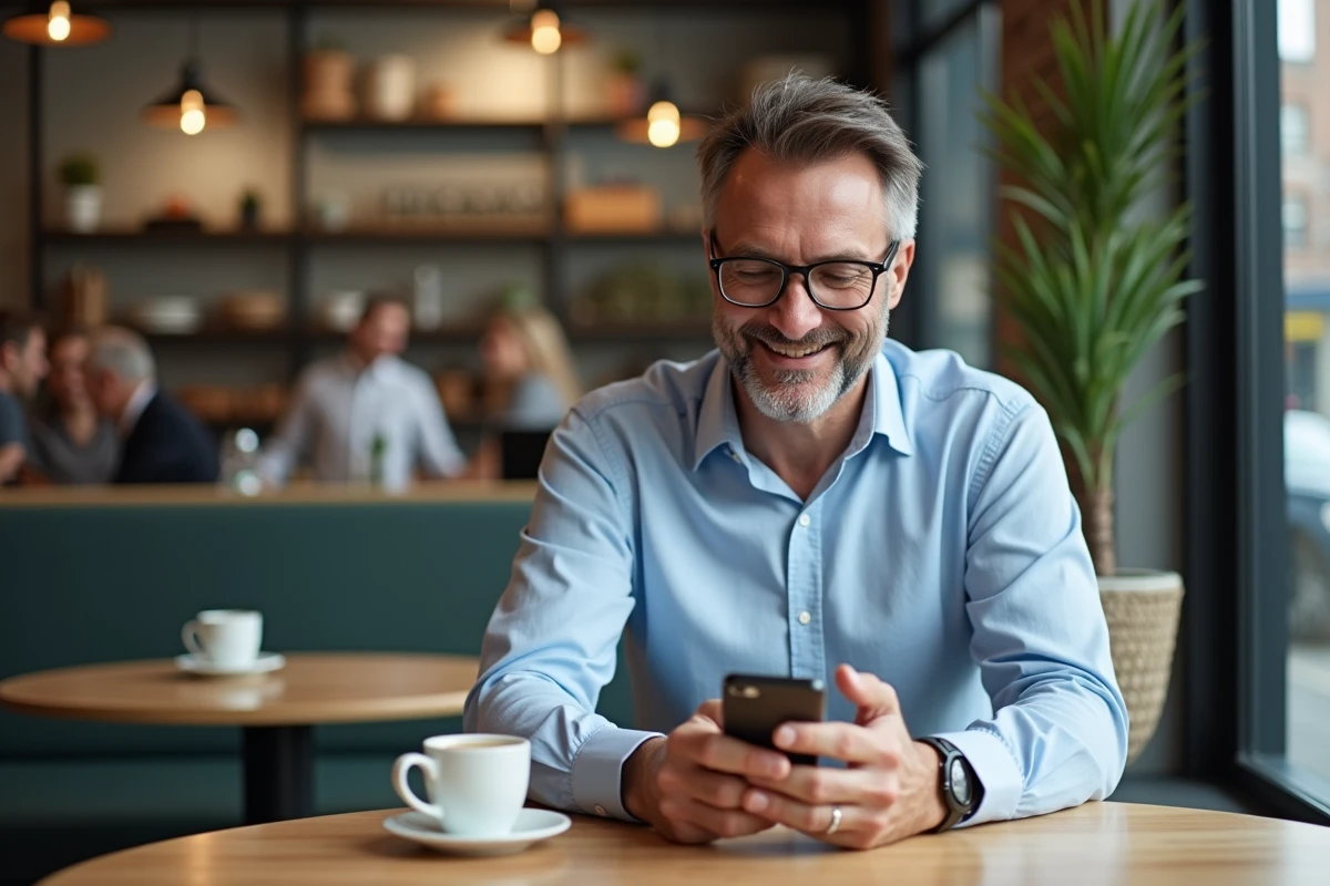 Homme utilisant son smartphone pour un paiement au café