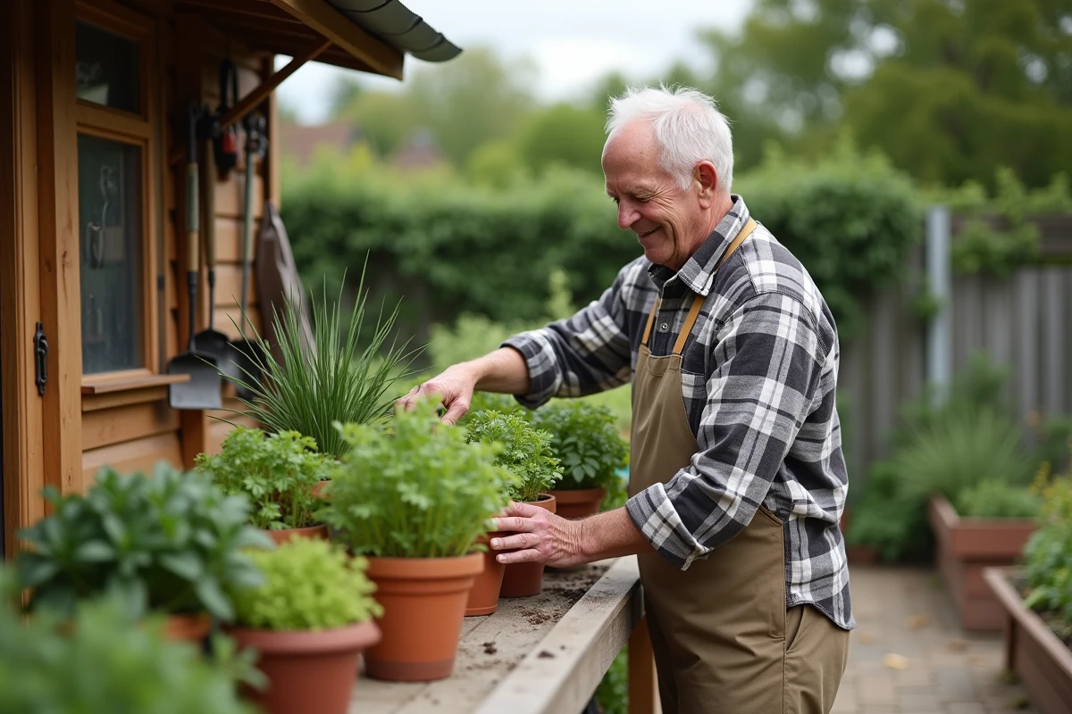 Homme âgé arrangeant des pots d