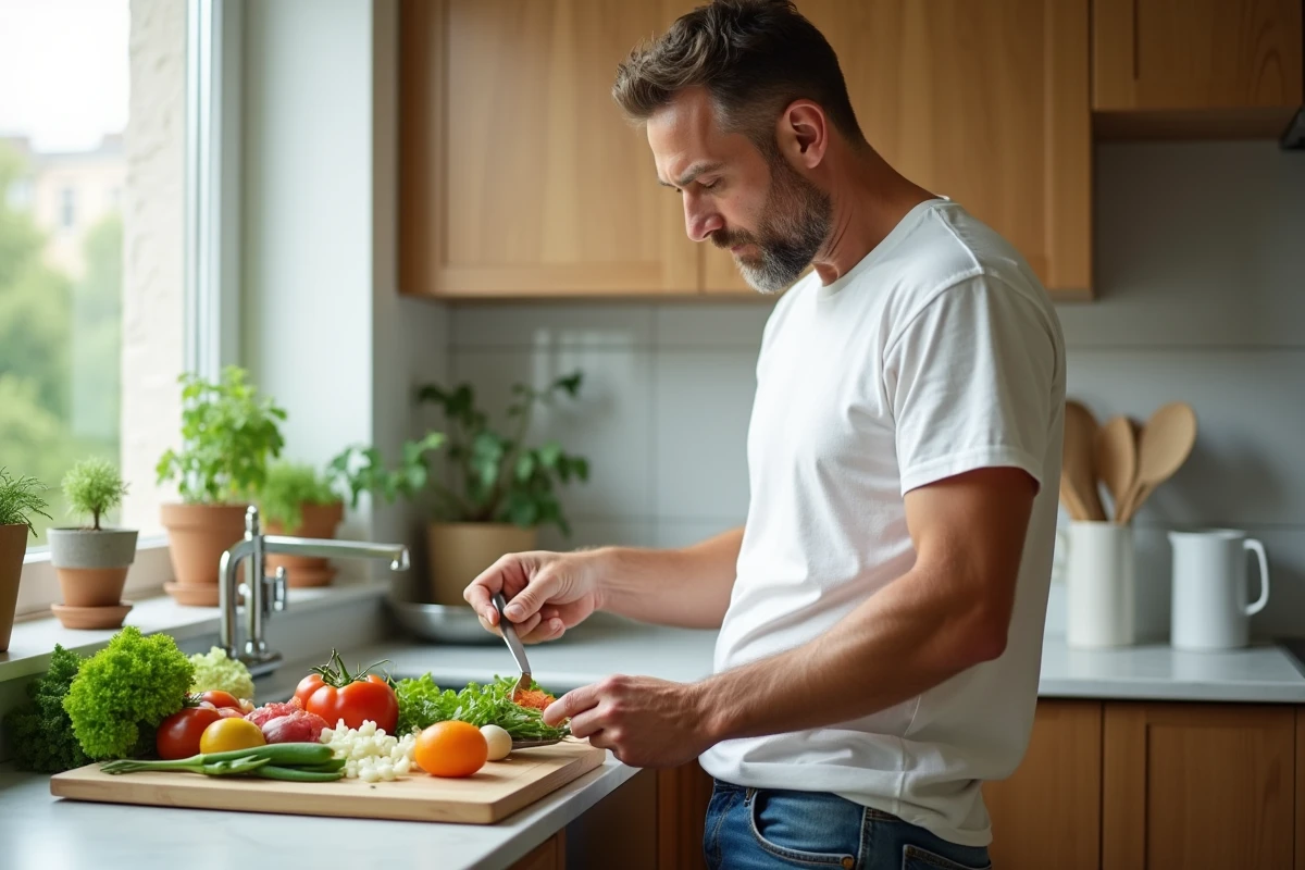 Homme en cuisine préparant une salade de légumes fraîche