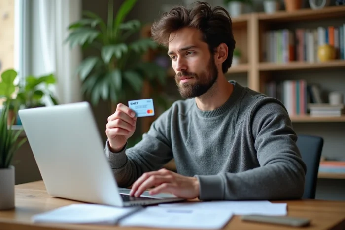 Homme recherchant les contacts de l'agence Famille SNCF depuis son bureau à domicile