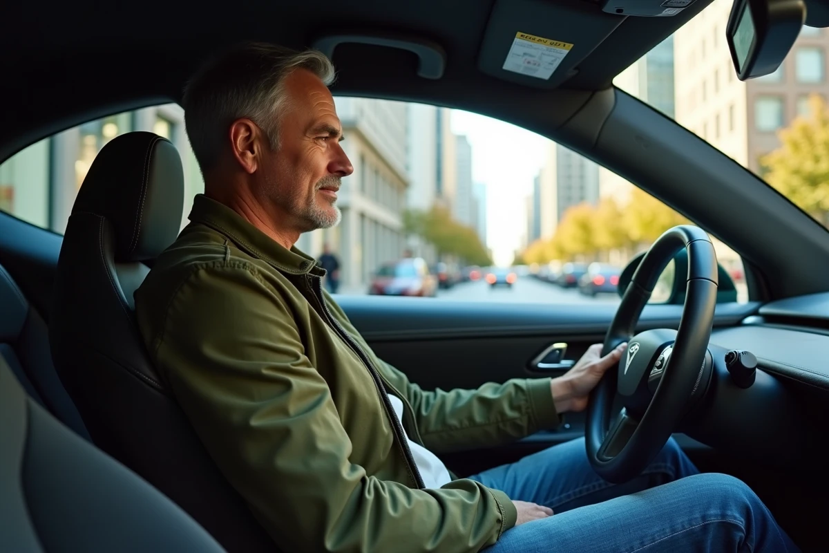 Homme assis dans une voiture électrique en milieu urbain