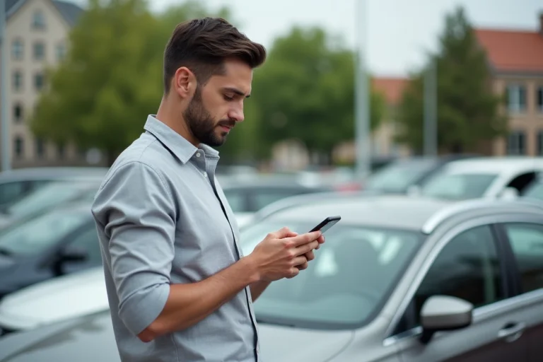 Homme consultant une plateforme de vente de voiture en ligne sur son smartphone à côté d'un véhicule argenté