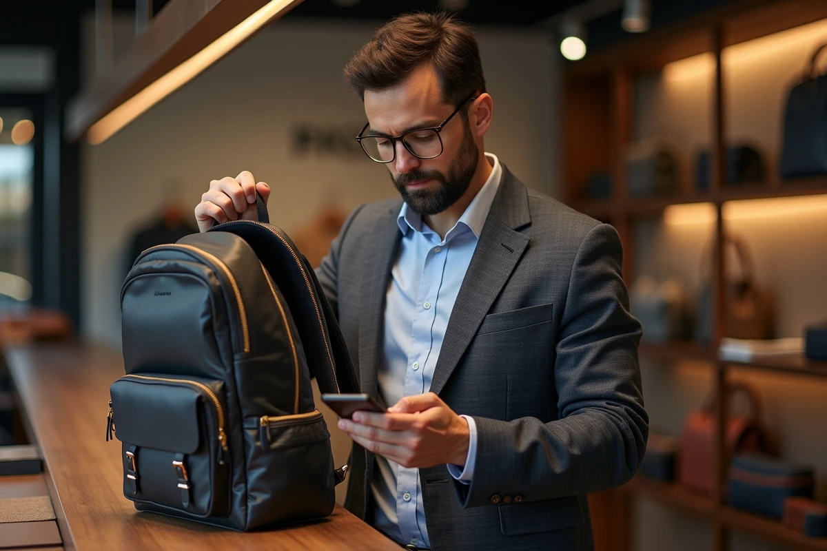 Homme contrôlant un sac dans une boutique de mode