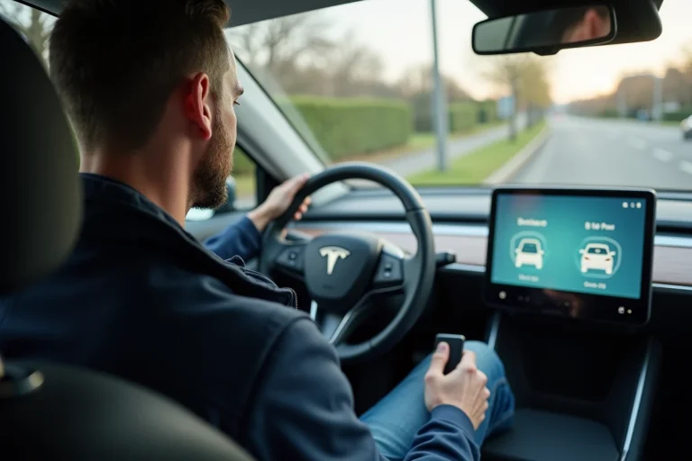 Homme en voiture électrique regardant le tableau de bord