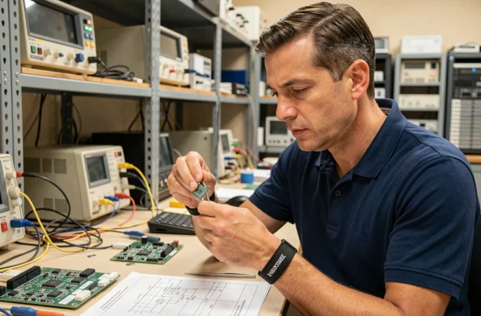 Ingénieur électronique examinant un processeur CPU avec des pinces de précision dans un laboratoire informatique