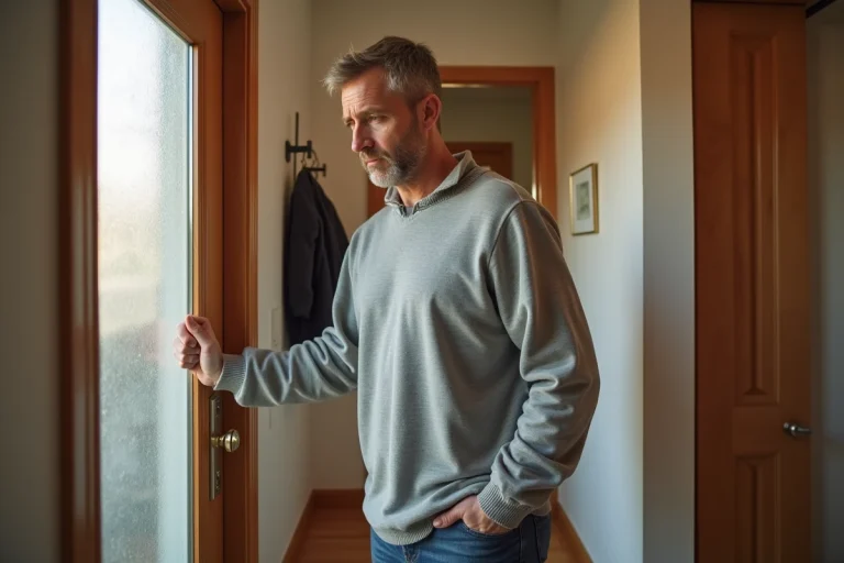 Homme inspectant l'isolation de sa porte d'entrée pour détecter les déperditions thermiques dans un couloir résidentiel