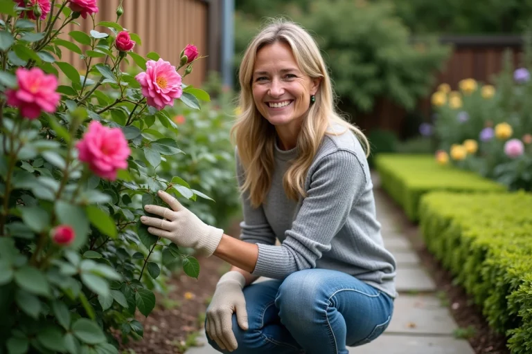 Femme en jardinage taillant un rosier dans un jardin coloré