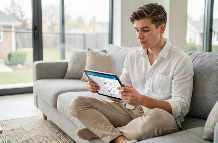 Jeune adulte consultant la plateforme Mind Formation sur une tablette depuis son salon de manière détendue
