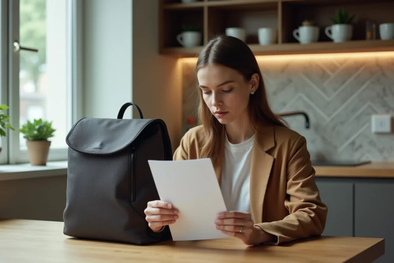 Jeune femme vérifiant l'authenticité d'un sac à la maison
