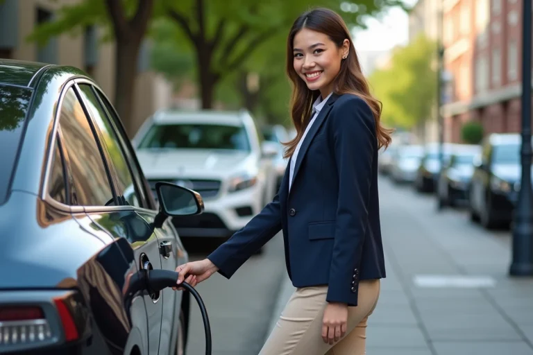 Jeune femme souriante charge une voiture électrique en ville