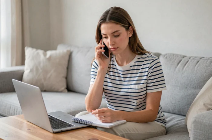 Jeune femme contactant un conseiller téléphonique tout en consultant des documents depuis son salon