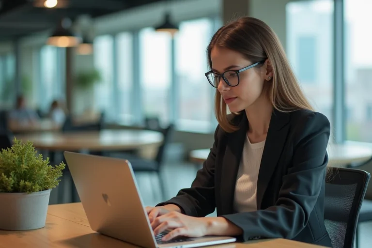 Jeune femme en coworking moderne avec ordinateur et vue urbaine