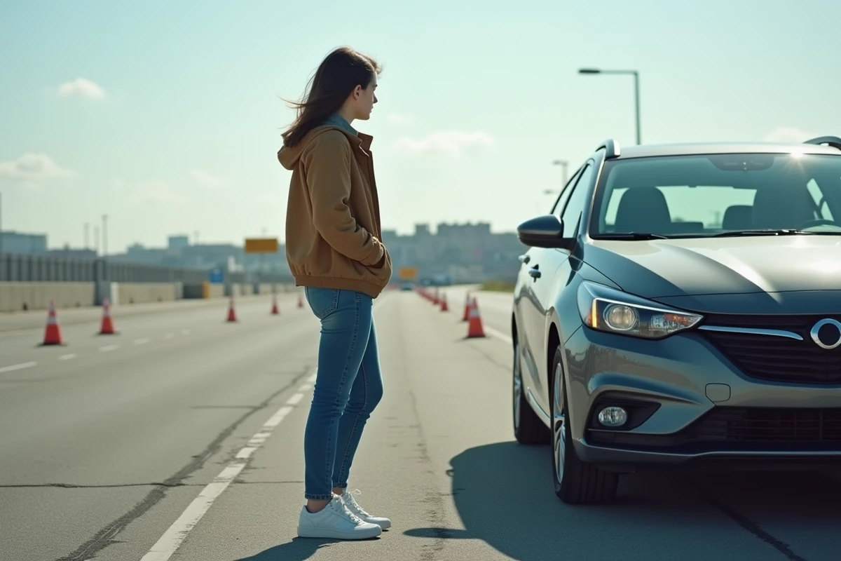 Jeune femme en cours de conduite avec instructeur en extérieur