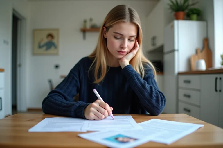 Jeune femme remplissant un formulaire d'identification à la maison