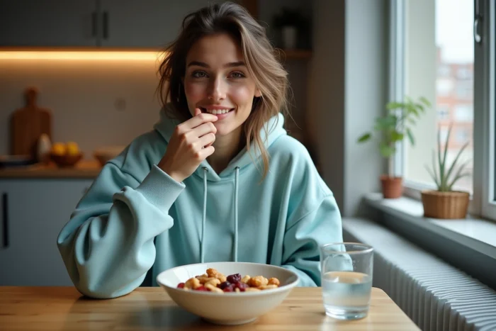 Jeune femme aux cheveux ébouriffés grignotant un bol de fruits secs après une sieste, assise à une table en bois dans un appartement cosy