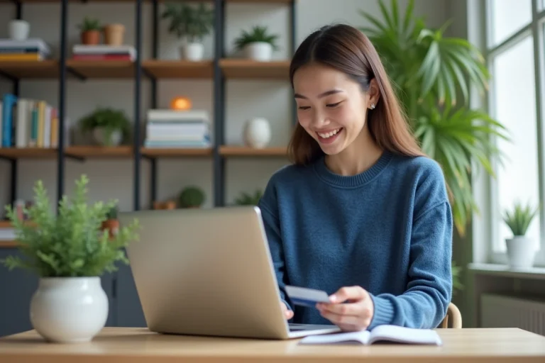 Jeune femme effectuant un paiement sans contact à domicile