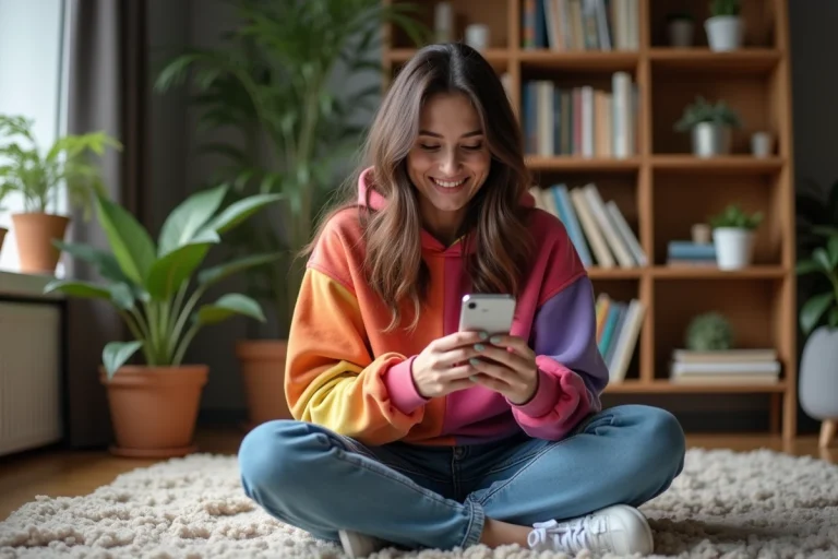 Jeune femme en streetwear riant sur un sol de salon moderne