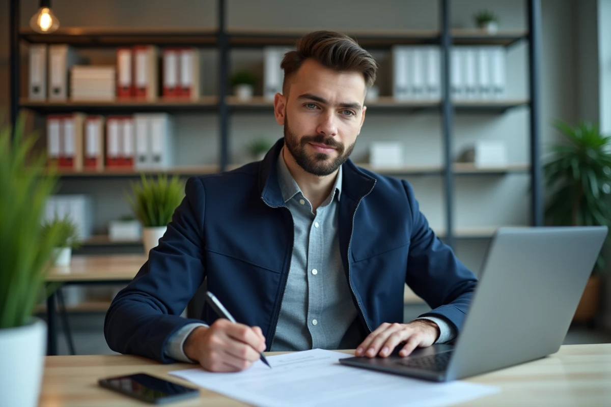 Jeune homme remplit un formulaire dans un bureau organisé
