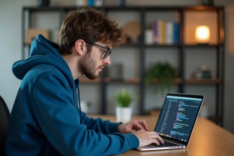 Jeune homme en hoodie bleu code sur son ordinateur