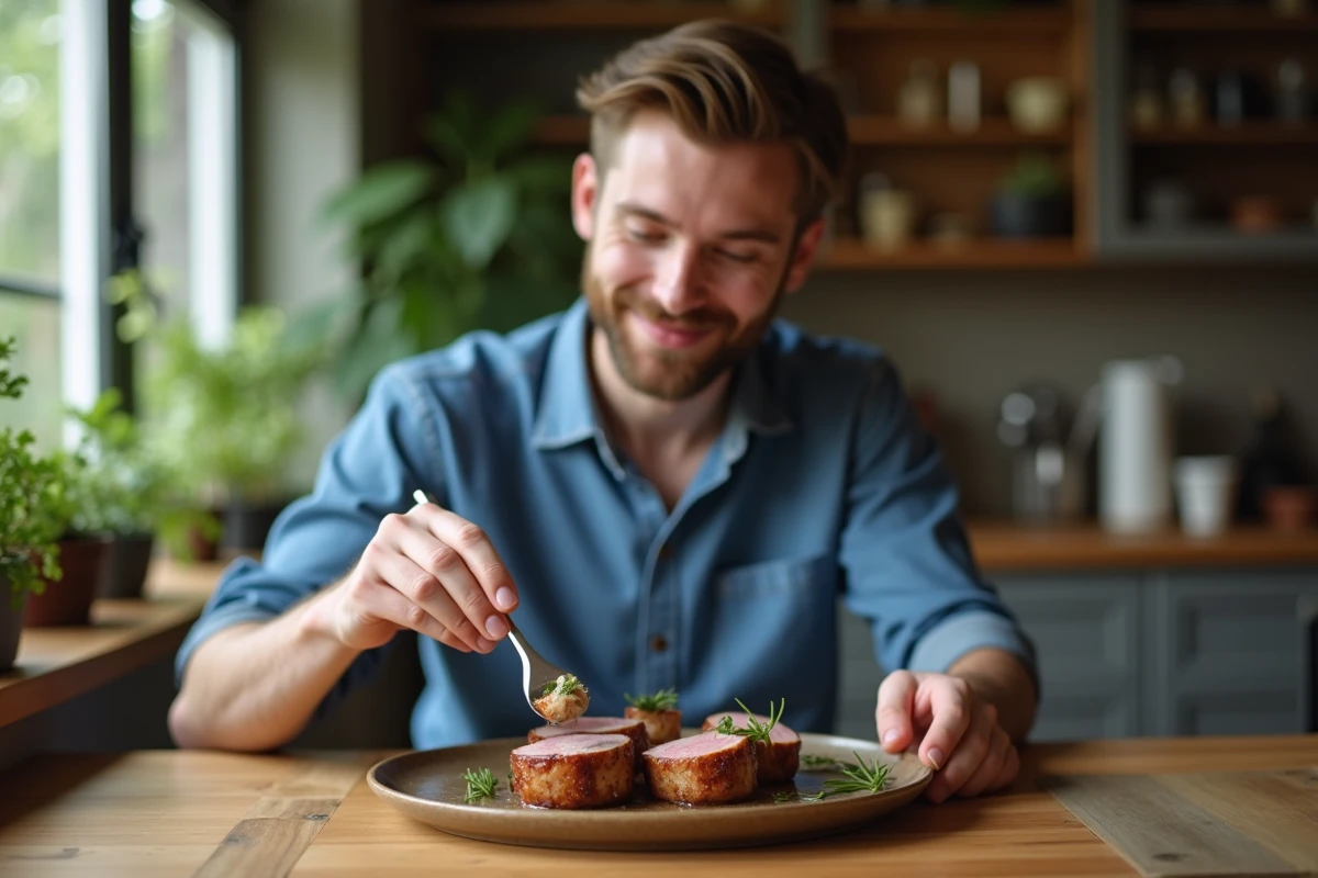 Jeune homme en chemise bleue dresse des medaillons de porc sur une assiette