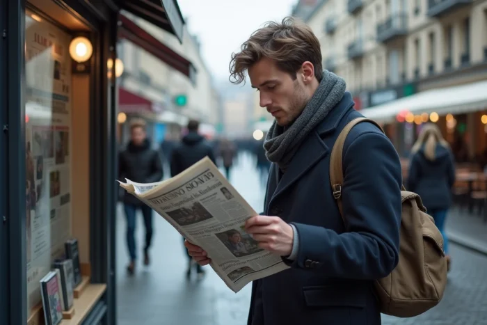 Jeune homme lisant un journal à un kiosque de presse dans une rue urbaine européenne