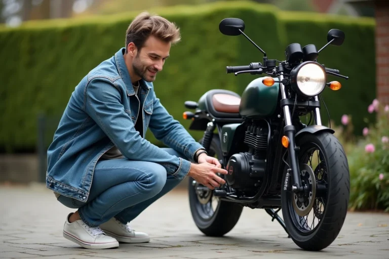 Jeune homme ajustant un câble sur sa moto électrique dans la cour