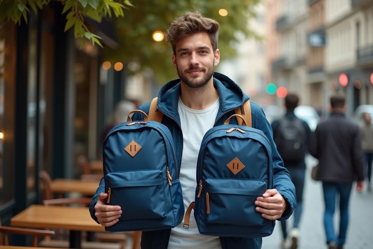 Jeune homme compare deux sacs à dos en extérieur