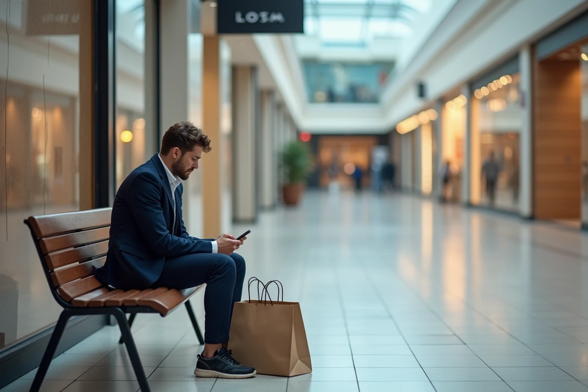 Jeune homme seul assis dans un centre commercial avec sacs