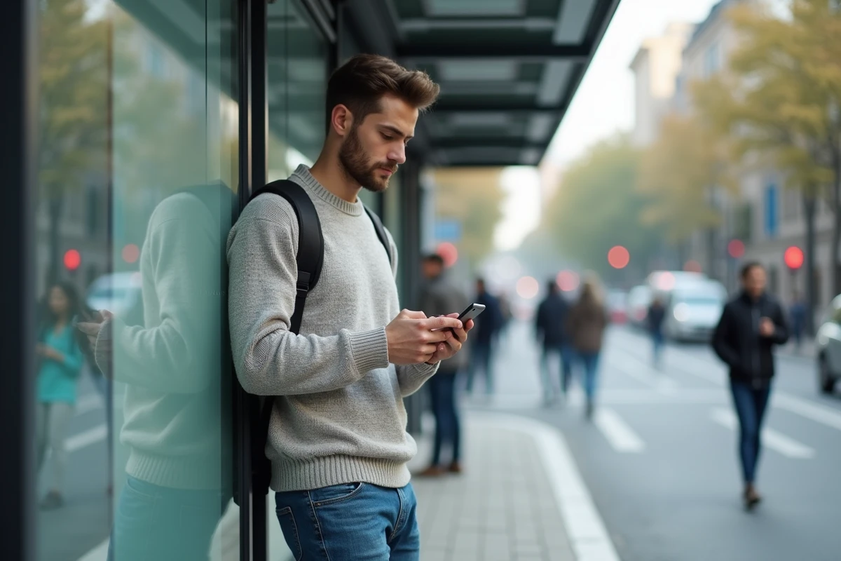 Jeune homme dans la rue cherchant un numéro sur son téléphone
