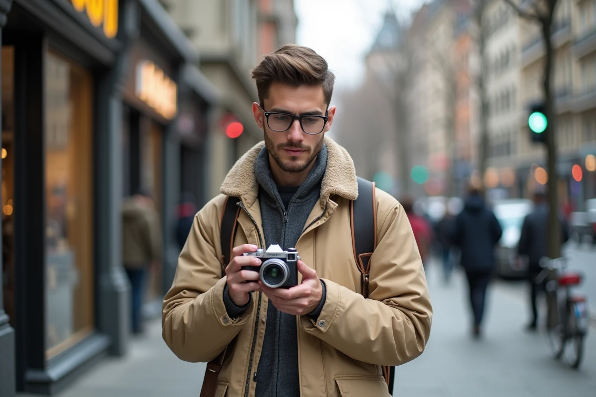 Jeune homme avec appareil photo dans la rue urbaine