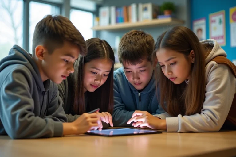 Jeunes collabore autour d'une tablette en classe moderne