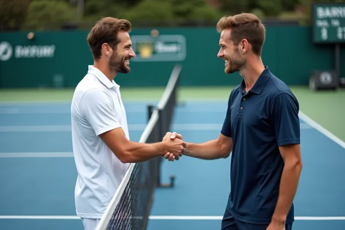 Deux joueurs de tennis se serrant la main au filet après un match officiel, illustrant les règles et le fonctionnement du TMC tennis