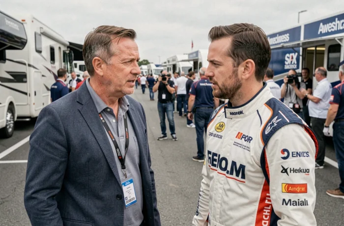 Journaliste sportif interviewant un pilote de course dans le paddock lors d'un événement de sport automobile