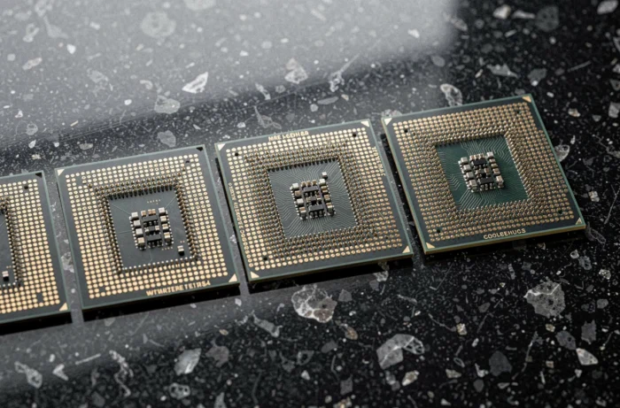 Vue macro de plusieurs processeurs CPU côte à côte sur surface en granit sombre montrant leurs contacts dorés et circuits gravés