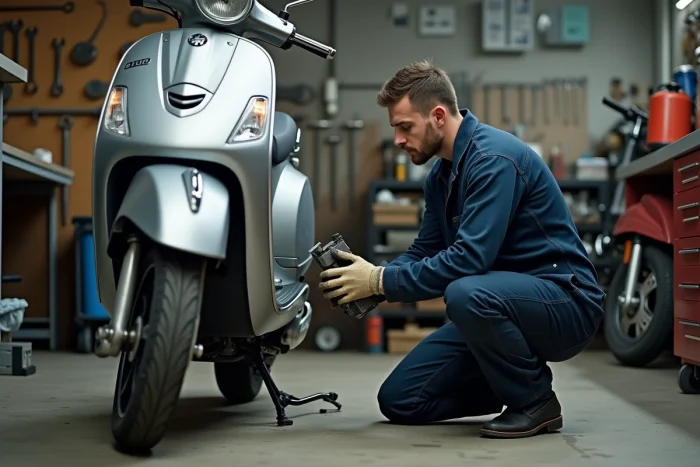 Mécanicien inspectant le moteur d'un scooter 125cc dans un atelier de réparation moto