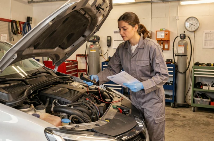 Mécanicienne inspectant le compartiment moteur d'une Renault Megane avec un multimètre pour diagnostiquer un code DTC