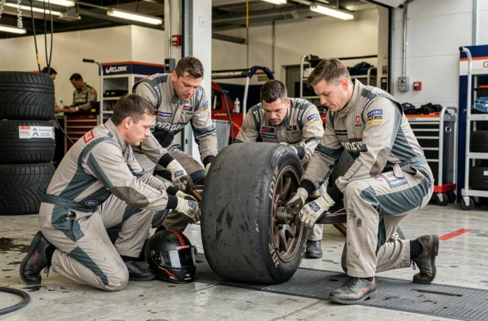 Équipe de mécaniciens en combinaisons ignifugées effectuant un arrêt aux stands lors d'une course automobile professionnelle