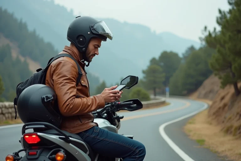 Motard consultan l'application Calimoto sur son smartphone au bord d'une route de montagne pour planifier son itinéraire