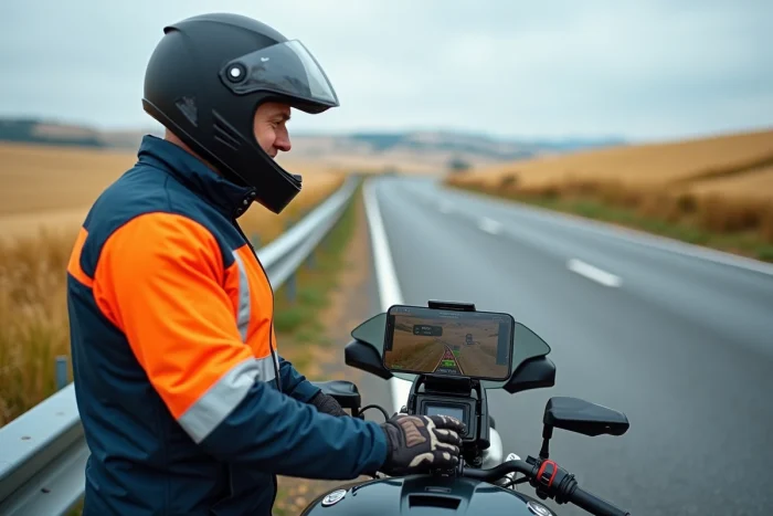 Motard utilisant la navigation Calimoto sur son smartphone fixé au guidon de sa moto sur une route nationale française