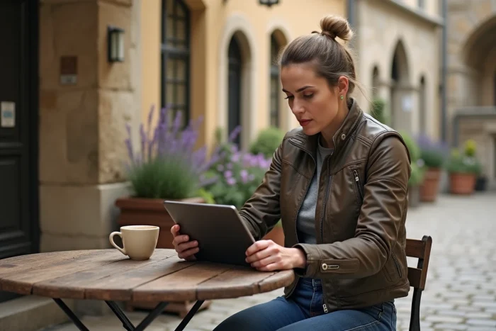 Motarde comparant les options d'abonnement gratuit et premium de Calimoto sur une tablette en terrasse de café en Provence