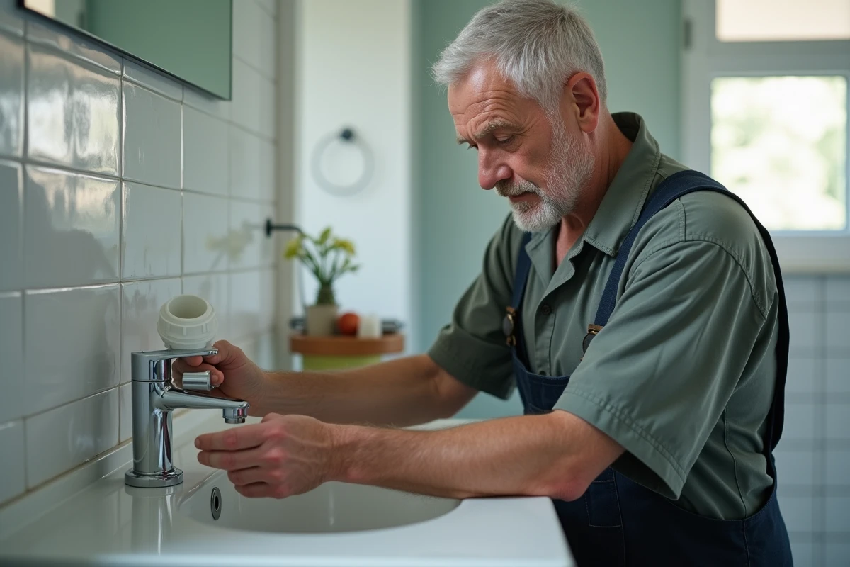 Plombier en action dévissant un siphon blanc sous un lavabo