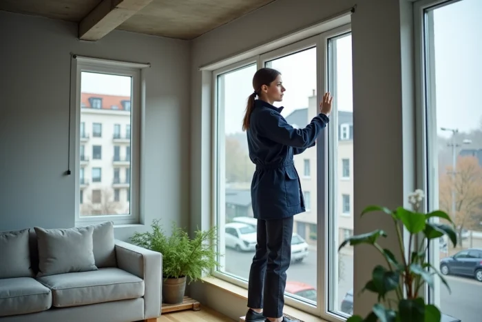 Femme posant un joint isolant sur le cadre d'une fenêtre dans un appartement moderne pour améliorer l'efficacité énergétique