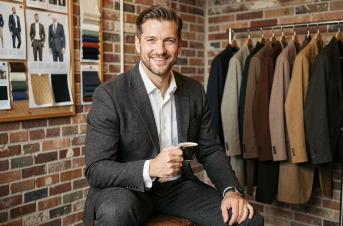 Homme parisien relooké en blazer charbon dans un studio de stylisme moderne, sourire confiant avec une tasse d'espresso à la main.