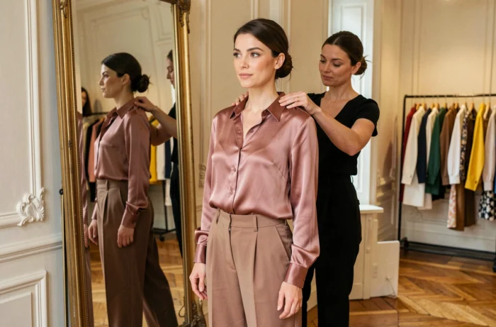 Femme parisienne en cours de relooking dans une boutique de style haussmannien, reflétée dans un grand miroir, expression confiante et tenue élégante.
