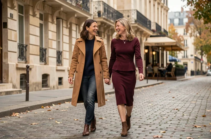 Deux femmes élégamment relookées se promenant en riant dans une rue pavée du Marais à Paris en automne, tenues stylées et atmosphère authentique.